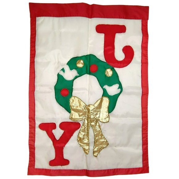 Vintage JOY Red and White 28x40 Holiday Flag Christmas Wreath Shiny Gold Bow - Picture 2 of 14